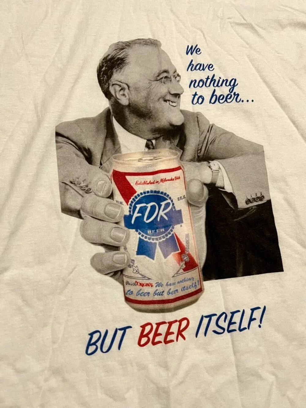 FDR "Beer Itself" Pabst Blue Ribbon Champion White Graphic T-Shirt, Men's Large - Picture 2 of 6